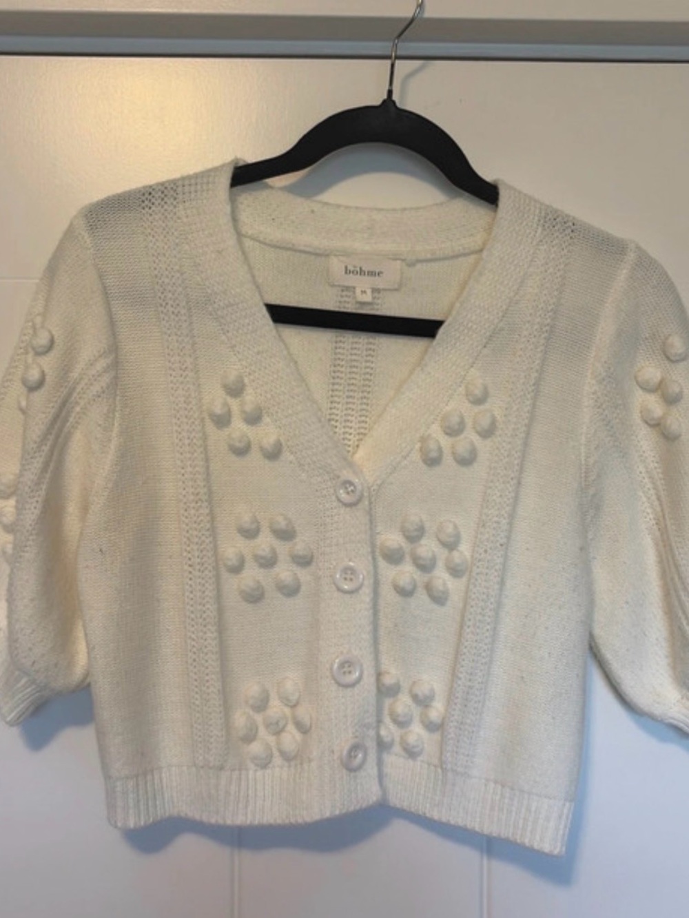 bohme Cream Pom-Pom Knit Button Front Cardigan